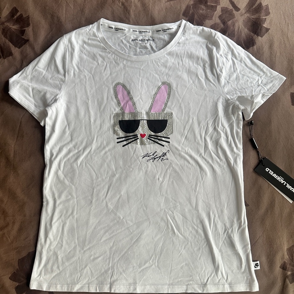 Karl Lagerfeld Paris Women's Lunar New Year Sequin Bunny White Tee Shirt